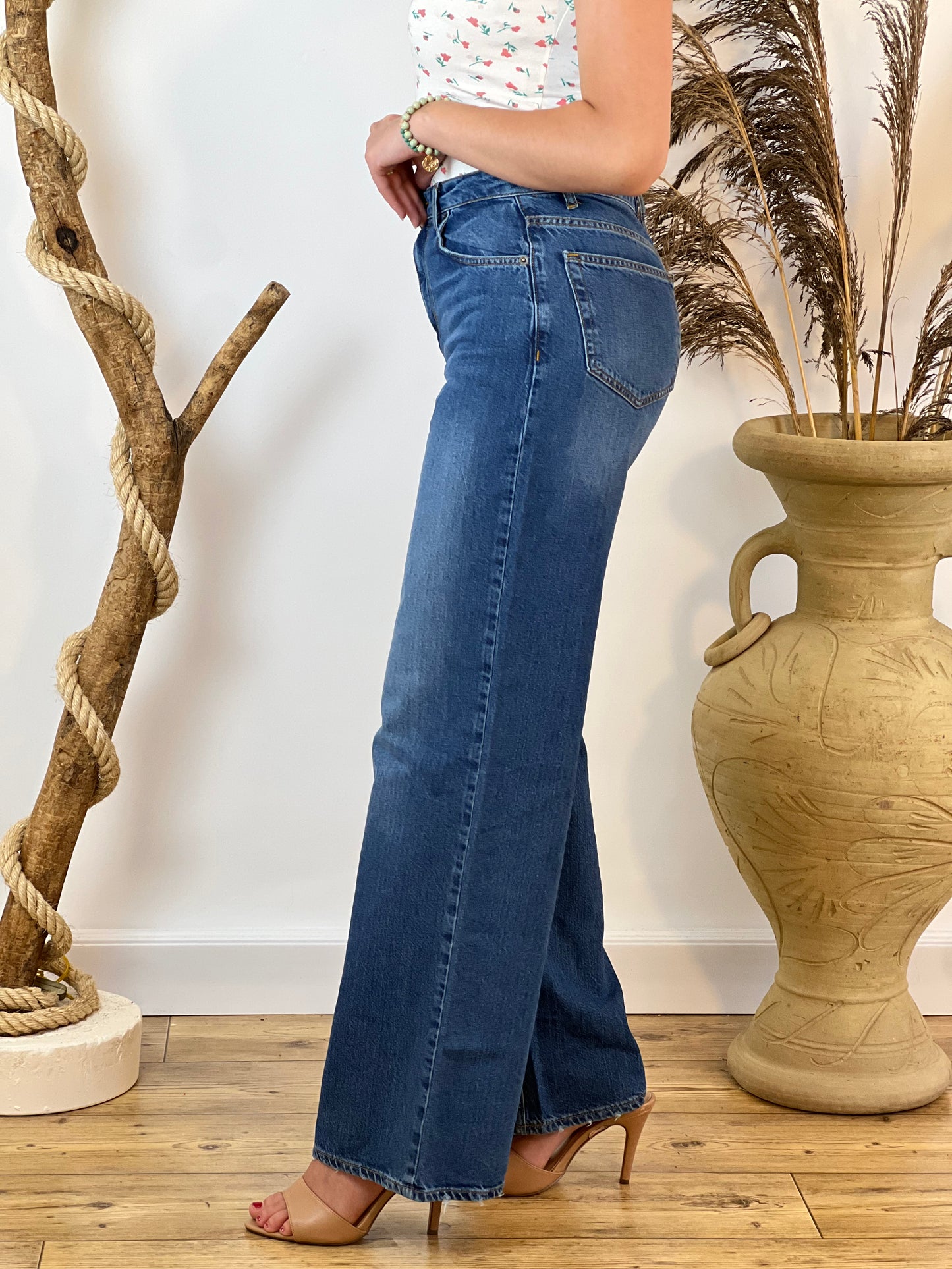 Jean Larges Taille Haute Ourlet Roulotté Multiples Poches