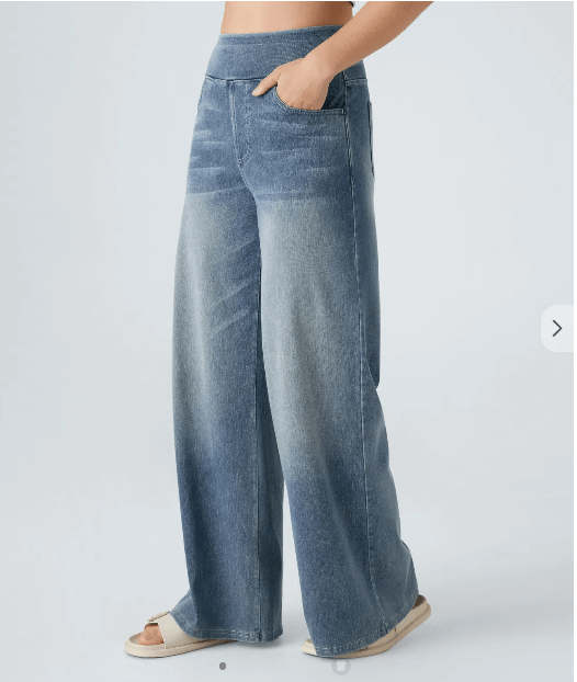 Jean décontracté taille haute à poches multiples, jambe large, en tricot extensible délavé - TENDI