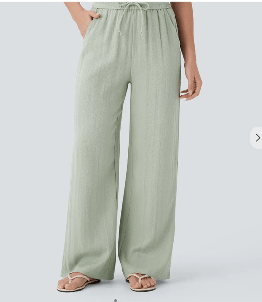 Pantalon large fluide taille haute avec cordon de serrage, poches latérales et aspect lin - TENDI