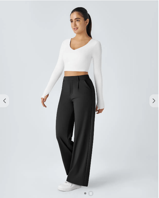 Pantalon NOIR en tissu stretch plissé HaloTek Air™ avec taille haute, poches latérales et jambe droite - TENDI