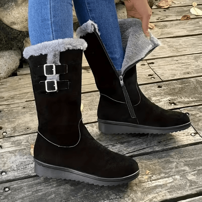 Bottes mi - tube d'hiver noires pour femmes avec semelle épaisse et design épais en velours - TENDI