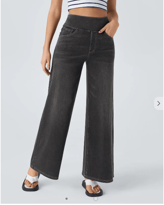 Jean décontracté taille haute à poches multiples, jambe large, en tricot extensible délavé - TENDI