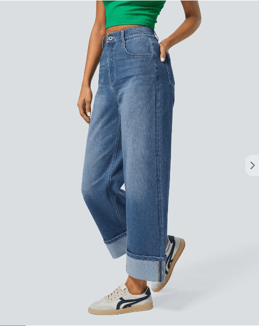 Jean Larges Taille Haute Ourlet Roulotté Multiples Poches - TENDI
