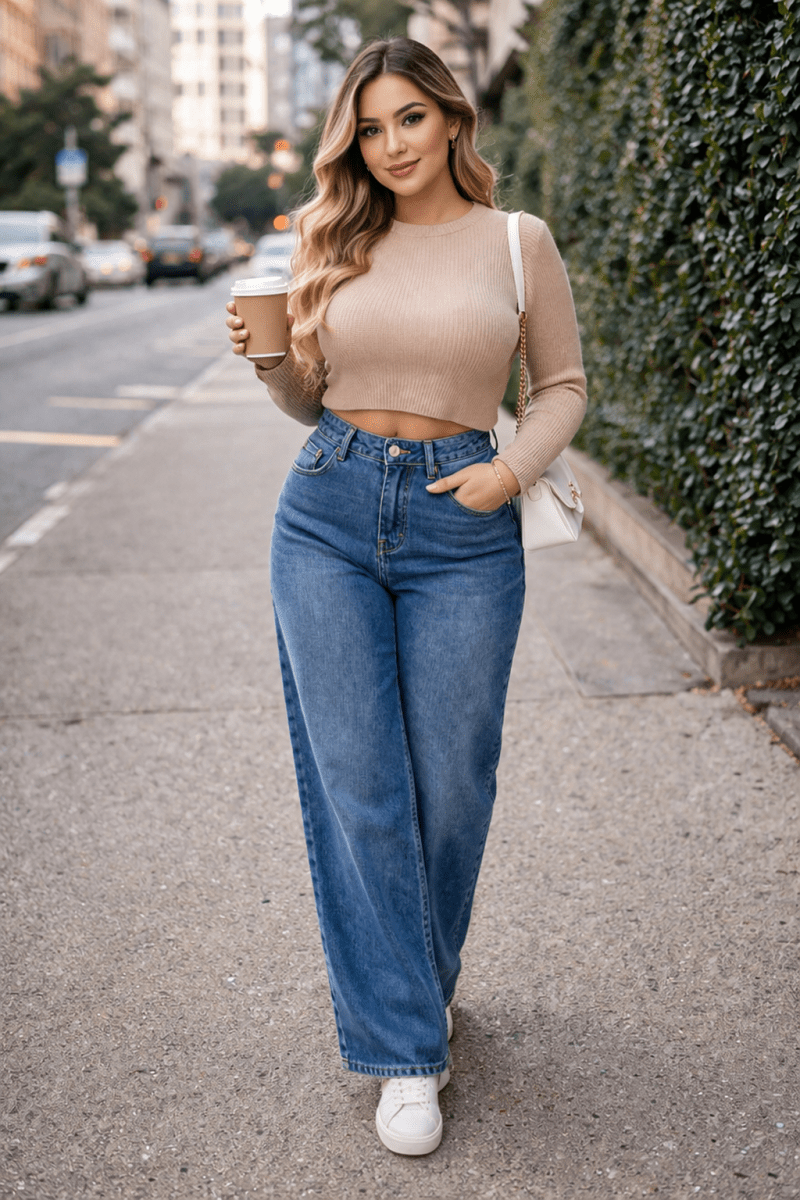 Jean Larges Taille Haute Ourlet Roulotté Multiples Poches - TENDI