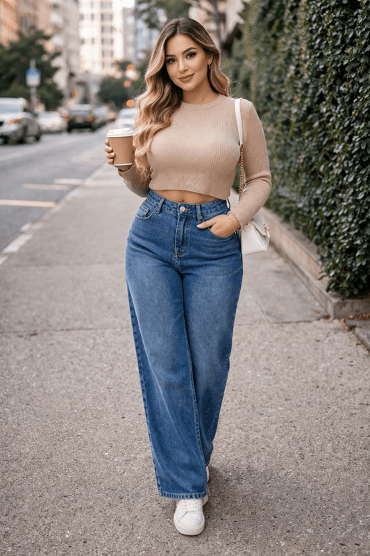 Jean Larges Taille Haute Ourlet Roulotté Multiples Poches - TENDI