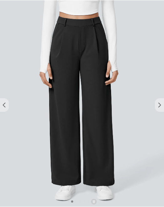 Pantalon NOIR en tissu stretch plissé HaloTek Air™ avec taille haute, poches latérales et jambe droite - TENDI